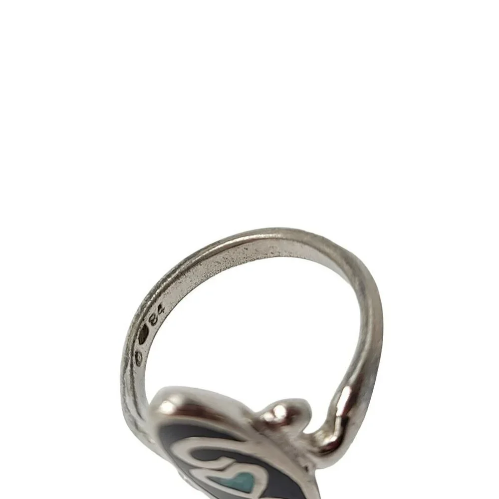 Sterling Silver Blue Turquoise Chip Black Onyx Inlay Ring Size 8 Vintage Signed